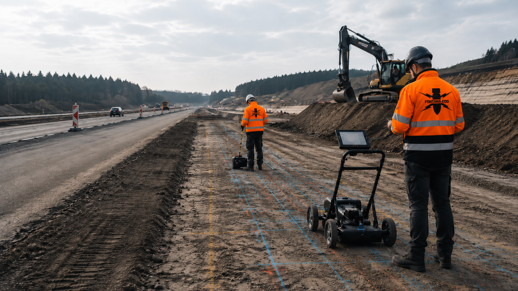 Kampfmittelprüfung im Straßen- und Tiefbau mit Georadar auf einer Autobahnbaustelle