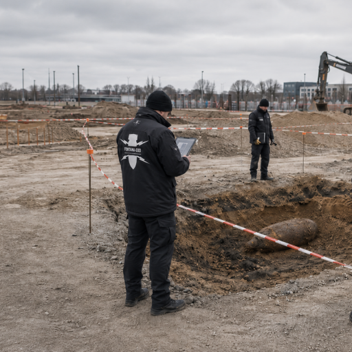FONTANA-EOD Fachkräfte sichern eine Baugrube mit teilweise freigelegtem kampfmittelverdächtigem Gegenstand und dokumentieren die Fundstelle auf einem Baufeld