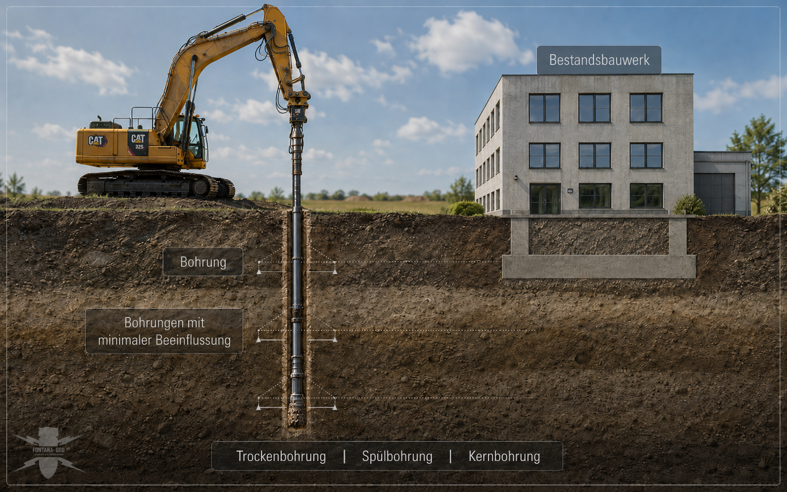 Tiefensondierung und Bohrlochsondierung mit erschütterungsfreier Bohrung neben Bestandsbauwerk