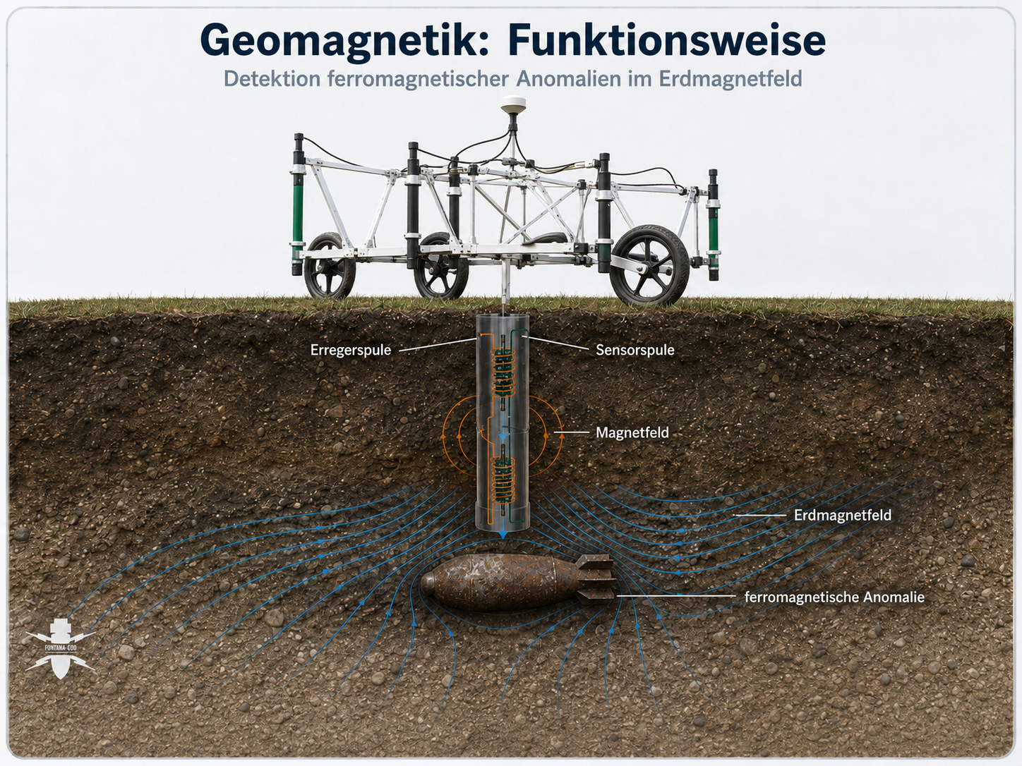 Geomagnetik Funktionsweise mit ferromagnetischer Anomalie im Baugrund bei Kampfmittelsondierung