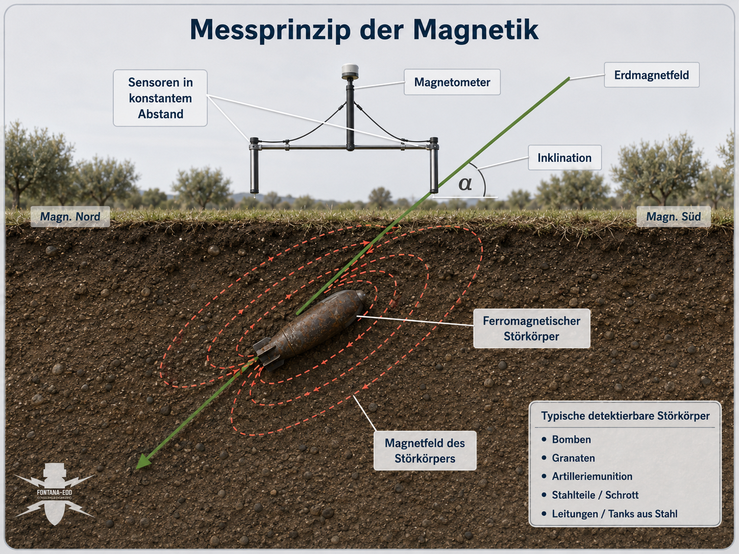Messprinzip der Geomagnetik mit Magnetometer, Erdmagnetfeld und ferromagnetischem Störkörper im Untergrund