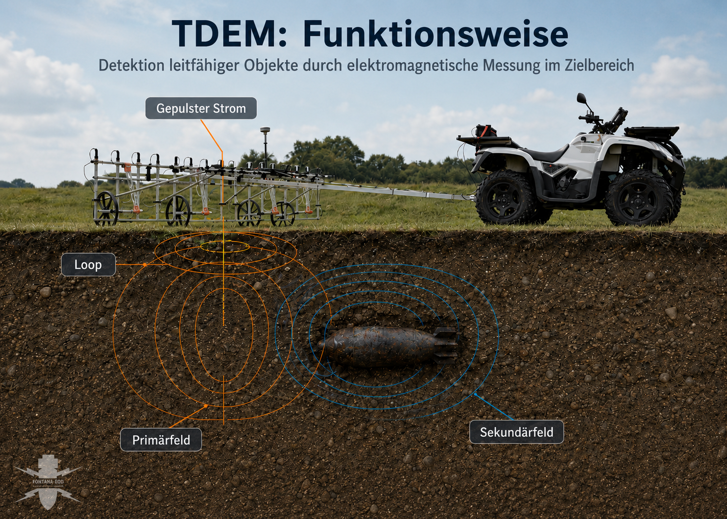 TDEM Funktionsweise mit elektromagnetischer Messung und Zielbereich bei Kampfmittelsondierung